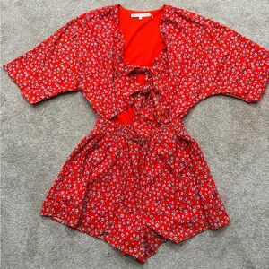 Red Floral Tie-Front Romper